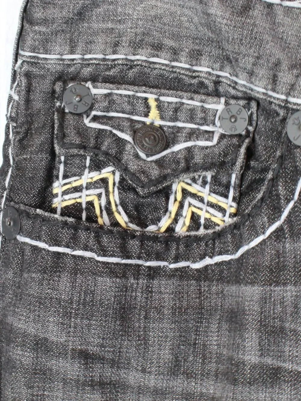 True Religion Ricky Super T Black Grey Jeans Size 42 White Yellow Stitch NWT